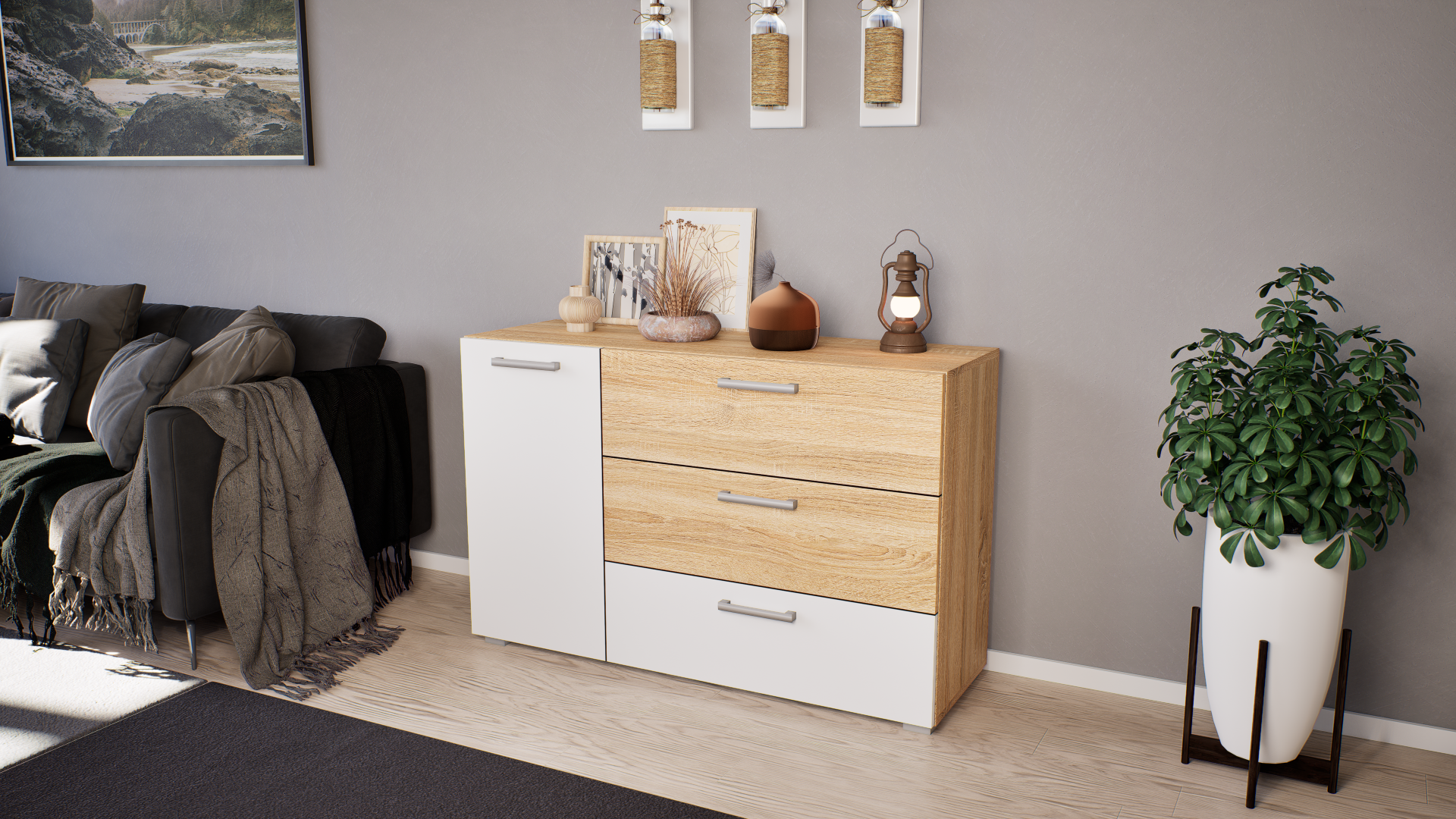  Corpus Capri .Komód 120 cm .Sonoma-Magasfényű Fehér