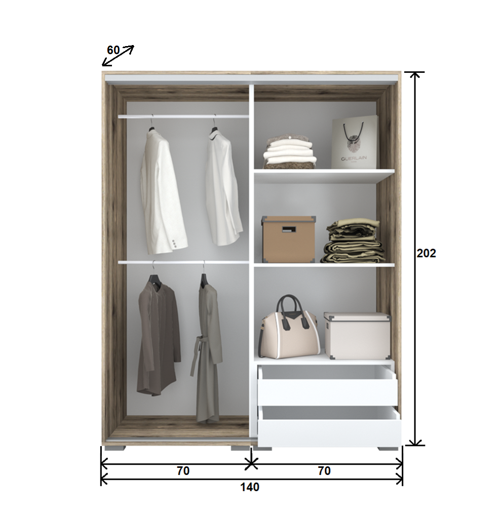 Dager tolóajtós gardrób 140 cm Vállfás-2 Polcos-2-es Fiókház