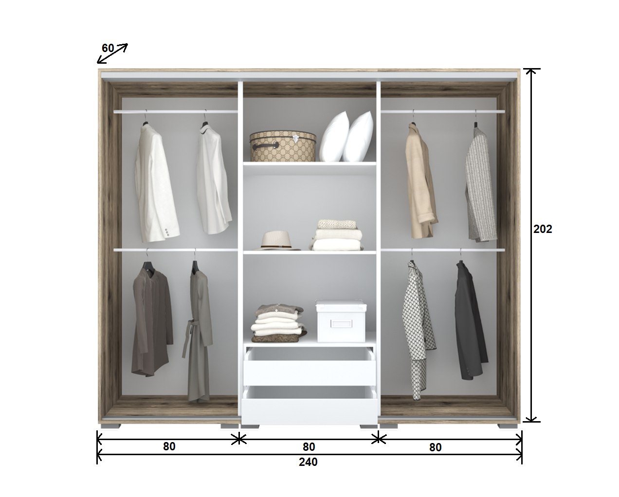 Dager tolóajtós gardrób 240 cm Vállfás-2 Polcos-2-es Fiókház