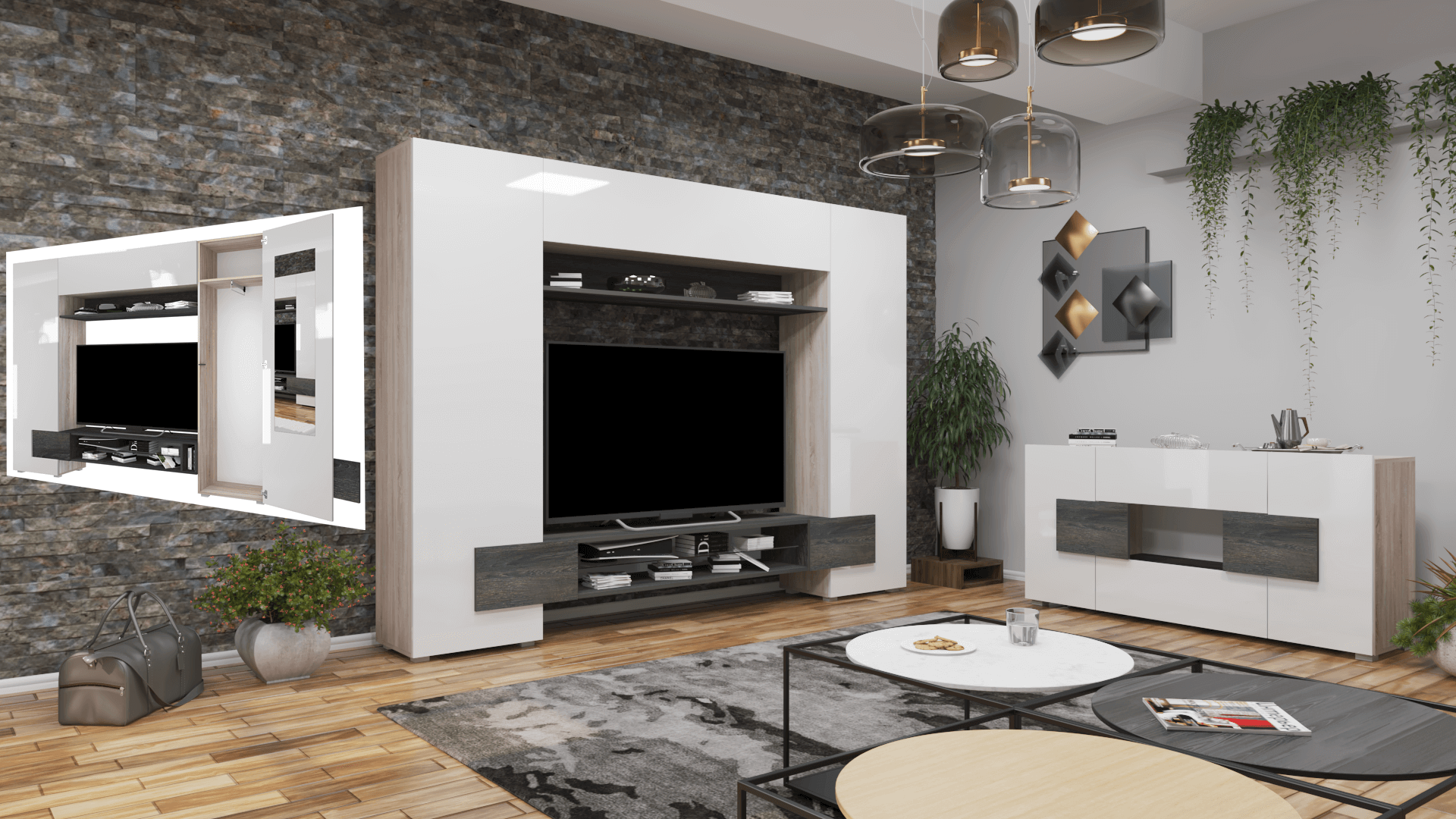 Corpus Logens 06 270 cm Sonoma-Magasfényű Fehér 160 cm-es Tv-s hátlappal